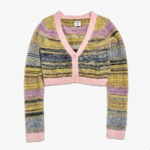 Sunday Best Pink, Yellow, Gray & Purple Striped Fuzzy Cropped Cardigan
